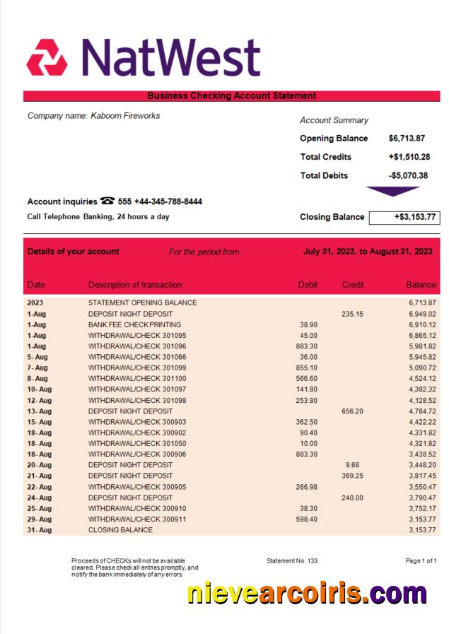 NatWest Bank enterprise account statement